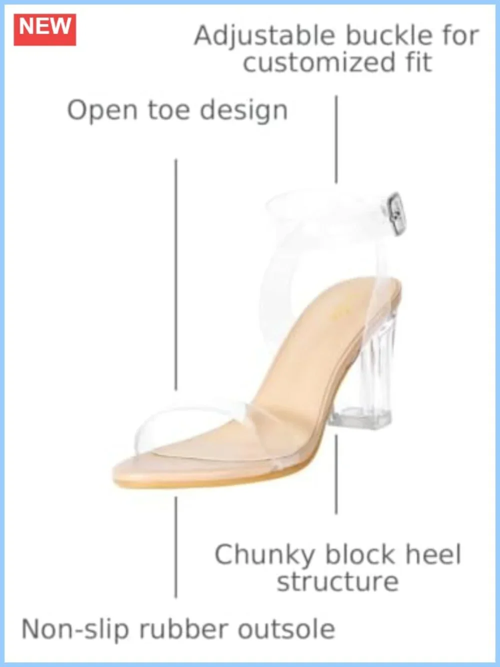 Clear Heels Women Block Chunky Mid High Heeled PU Sandals Open Toe